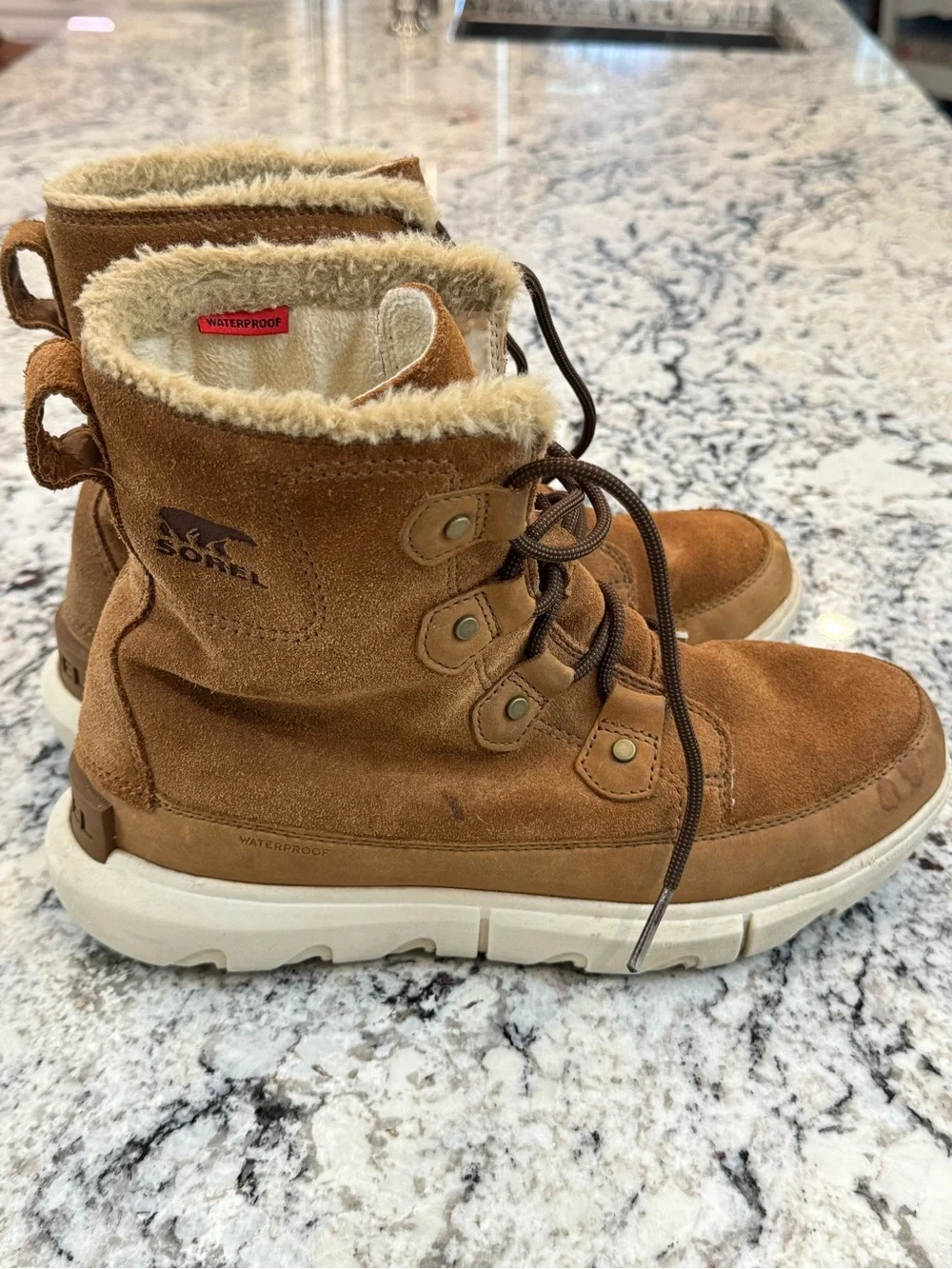 Sorel Explorer Joan Waterproof Suede Boots Brown Faux Fur Women’s 9
